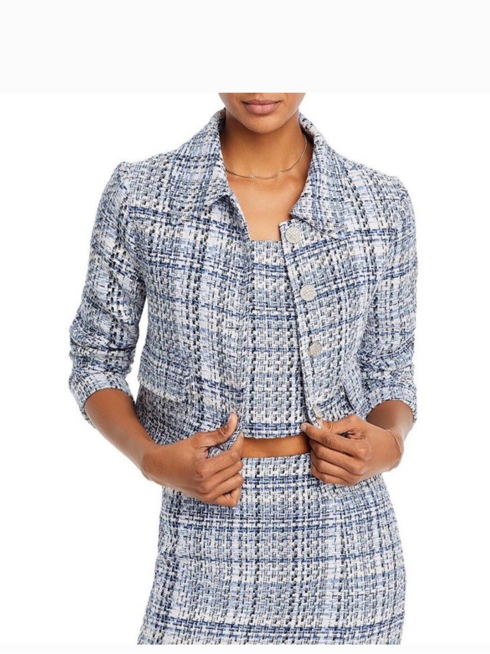 Lucy Paris Navy & White Tweed Cropped Blazer